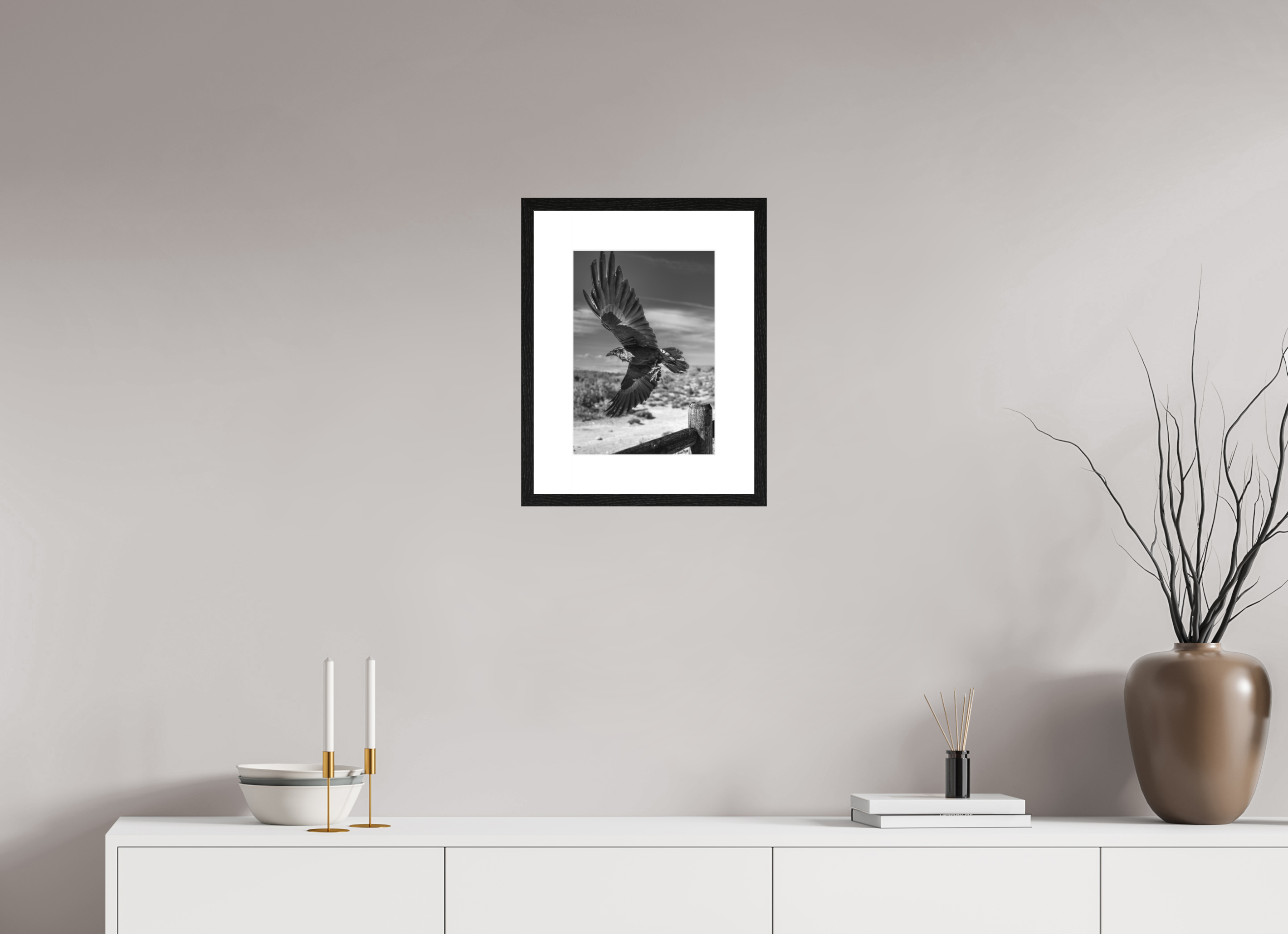 25 x 35,7 cm, Framed Passepartout (Hahnemühle Photo Rag Baryta) Raven's Flight NEW